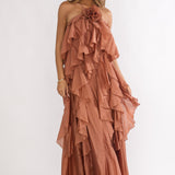 Secret Rendezvous Layered Ruffle Maxi Dress Rust