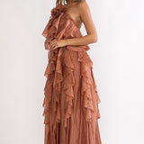 Secret Rendezvous Layered Ruffle Maxi Dress Rust