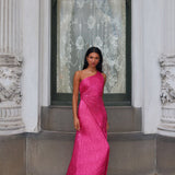Amelie One-Shoulder Accordion Pleat Maxi Dress Floral Fuchsia