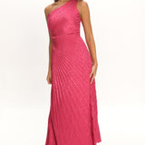 Amelie One-Shoulder Accordion Pleat Maxi Dress Floral Fuchsia