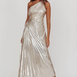 Amelie One-Shoulder Accordion Pleat Maxi Dress Champagne
