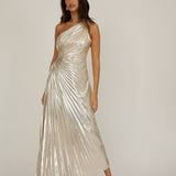 Amelie One-Shoulder Accordion Pleat Maxi Dress Champagne