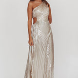 Amelie One-Shoulder Accordion Pleat Maxi Dress Champagne