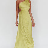 Amelie One-Shoulder Accordion Pleat Maxi Dress Lime