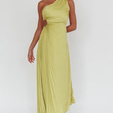 Amelie One-Shoulder Accordion Pleat Maxi Dress Lime