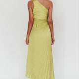 Amelie One-Shoulder Accordion Pleat Maxi Dress Lime