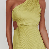 Amelie One-Shoulder Accordion Pleat Maxi Dress Lime