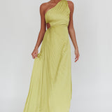 Amelie One-Shoulder Accordion Pleat Maxi Dress Lime