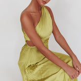 Amelie One-Shoulder Accordion Pleat Maxi Dress Lime