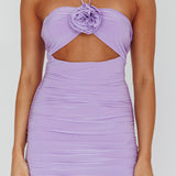 Ca Va Ruched Rose Accent Mini Dress Lavender