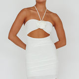 Ca Va Ruched Rose Accent Mini Dress Off White