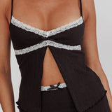 Alayna Lace Trim Split Top Black/White