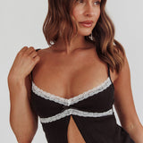 Alayna Lace Trim Split Top Black/White