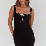 Cadie Ribbed Knit Bow Mini Dress Black