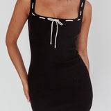 Cadie Ribbed Knit Bow Mini Dress Black