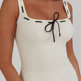 Cadie Ribbed Knit Bow Mini Dress Cream