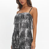 New York Nights Sequin Fringe Mini Dress Black