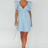 Melrose Place Floral Textured Frill Dress Powder Blue