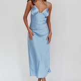 Felicity Pleat Bust Split Midi Dress Blue