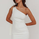 Earned It One Shoulder Bow Mini Dress Ivory