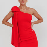 Earned It One Shoulder Bow Mini Dress Red