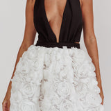 Juliette Plunging Halter Rosette Dress White/Black