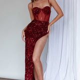 Adriana Thigh Split Sequin Maxi Dress Burgundy