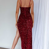 Adriana Thigh Split Sequin Maxi Dress Burgundy