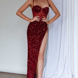 Adriana Thigh Split Sequin Maxi Dress Burgundy