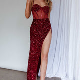 Adriana Thigh Split Sequin Maxi Dress Burgundy