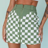 Rewind Zipper Front Mini Skirt Checkered Green