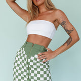 Rewind Zipper Front Mini Skirt Checkered Green