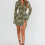 Palmas Split Mini Skirt Floral Olive