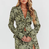 Caledonia Collared Button-Up Satin Shirt Floral Olive