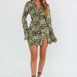 Caledonia Collared Button-Up Satin Shirt Floral Olive