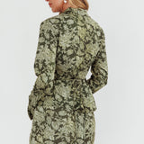 Caledonia Collared Button-Up Satin Shirt Floral Olive