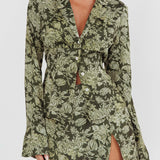 Caledonia Collared Button-Up Satin Shirt Floral Olive