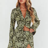 Caledonia Collared Button-Up Satin Shirt Floral Olive