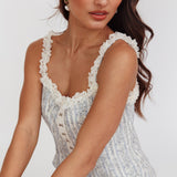 Palmas Hook & Eye Lace Trim Top Floral Blue