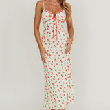 Heart Ablaze Strawberry Cherry Print Midi Dress Cream
