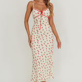 Heart Ablaze Strawberry Cherry Print Midi Dress Cream