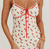 Heart Ablaze Strawberry Cherry Print Midi Dress Cream