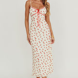 Heart Ablaze Strawberry Cherry Print Midi Dress Cream