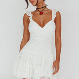 Short Notice Ruffle Strap Lace Mini Dress White