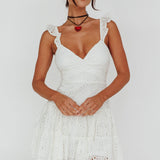 Short Notice Ruffle Strap Lace Mini Dress White