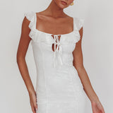 Sweet Saturday Tied Bust Ruffle Mini Dress White