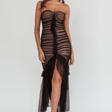 Mesmerize Strapless High-Low Hem Mesh Dress Black