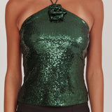 Darcy Sequin Halter Top Hunter Green