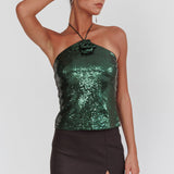 Darcy Sequin Halter Top Hunter Green