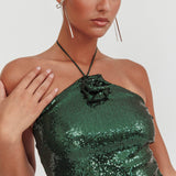 Darcy Sequin Halter Top Hunter Green